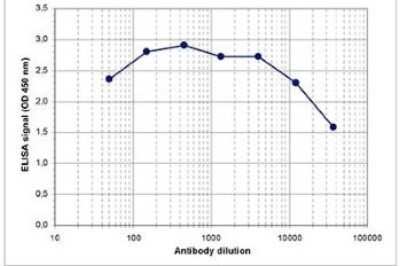 ELISA: Histone H3 [p Ser10] Antibody [NBP2-59167] - To determine the titer, an ELISA was performed using a serial dilution of the antibody directed against human H3S10p. The antigen used was a peptide containing the histone modification of interest. By plotting the absorbance against the antibody dilution, the titer of the antibody was estimated to be 1:35,000